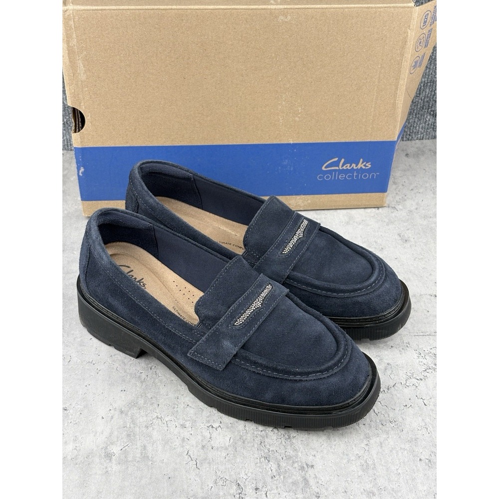 Clarks Lauryl Step Women's Round Toe Loafers Navy Suede Shoes 9.5 Wide Worn Once